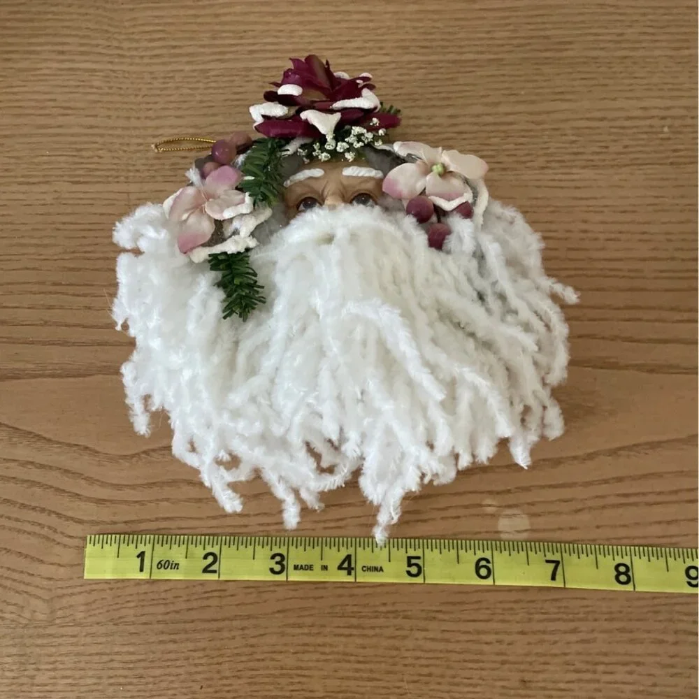 Vtg Santa Face Head Christmas Ornament Yarn Beard Pink Mauve Flowers Expressive